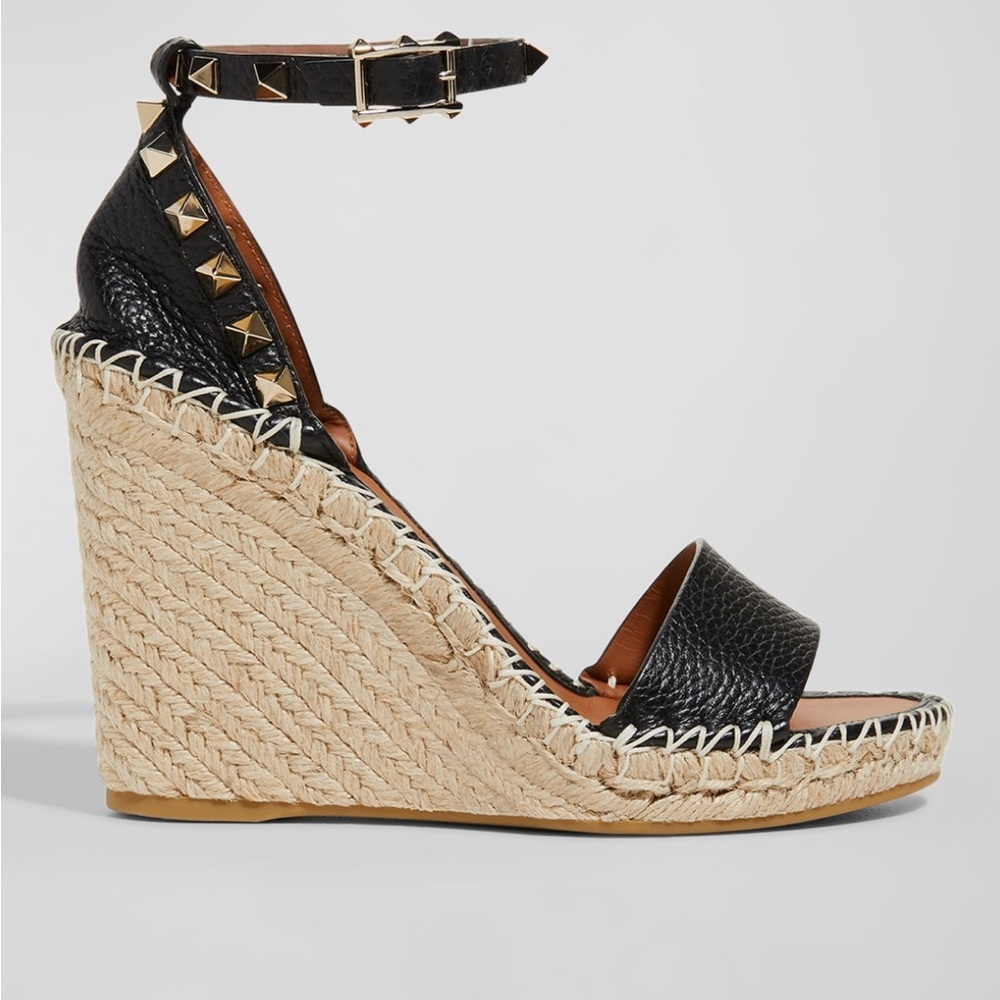 Black Wedge Sandals with Studded Ankle Strap